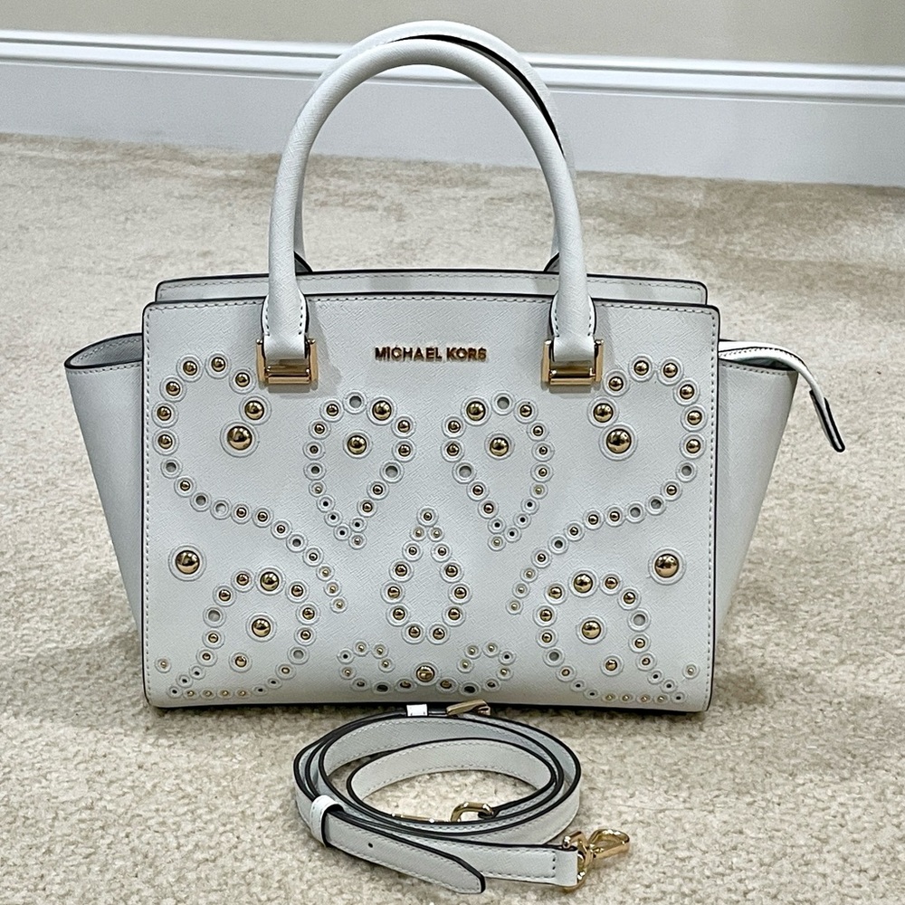 Michael Kors Selma Studded Saffiano Leather Satchel Ivory Medium Crossbody Tote